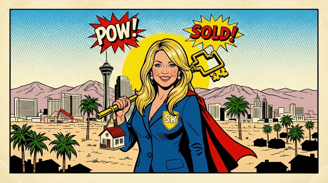 Shelley Jackson, Las Vegas Super Realtor, in royal-blue blazer and red cape with a giant golden house key, Las Vegas skyline behind her.